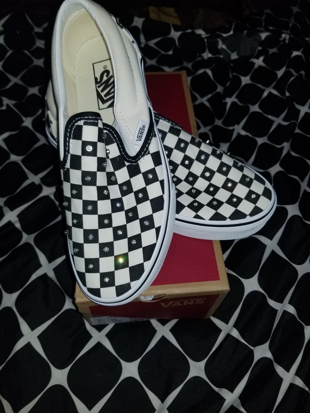 Vans Black & White Checkerboard Slip-On Sneakers with Studs
